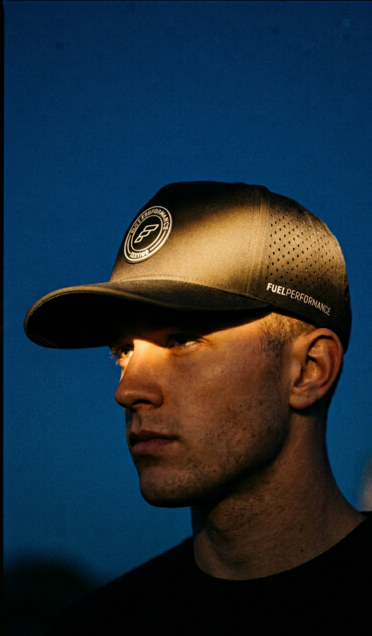 Profile of a man wearing a black MRV performance hat with the patch lit from the side